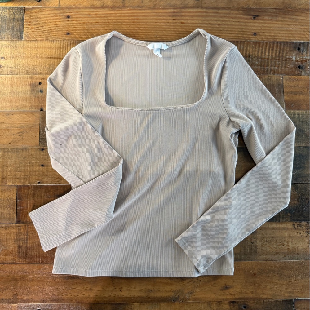 H&M Beige Square Neck Long Sleeve Top